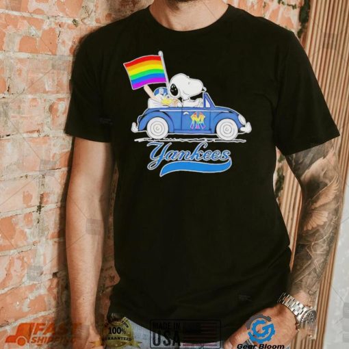 Official Snoopy and Woodstock Driving Car New York Yankees Pride Flag T Shirt