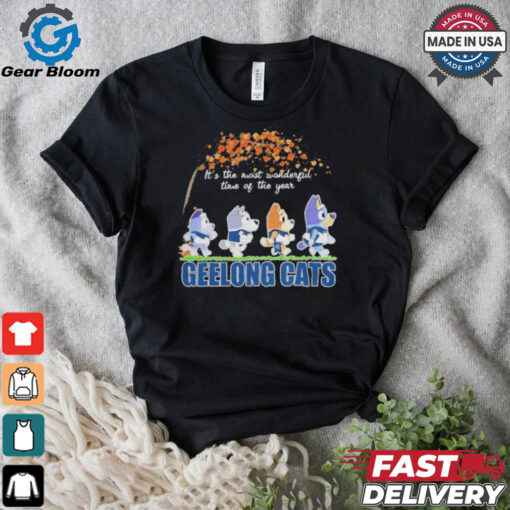 Geelong Cats x Bluey Characters Walking Fall It’S The Most Wonderful Time Of The Year Shirt