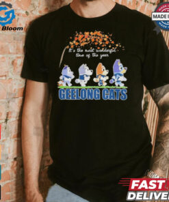 Geelong Cats x Bluey Characters Walking Fall It’S The Most Wonderful Time Of The Year Shirt