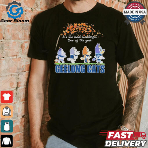 Geelong Cats x Bluey Characters Walking Fall It’S The Most Wonderful Time Of The Year Shirt