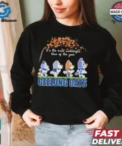 Geelong Cats x Bluey Characters Walking Fall It’S The Most Wonderful Time Of The Year Shirt