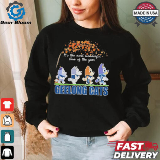 Geelong Cats x Bluey Characters Walking Fall It’S The Most Wonderful Time Of The Year Shirt