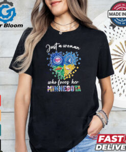 Just A Woman Who Loves Her Minnessota Sport Teams Logo Heart Shirt