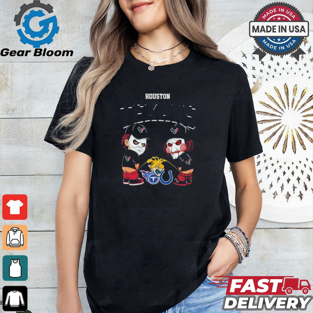 Michael Myers And Billy The Puppet X Houston Texans Pee On NFL Teams Halloween Shirt Michael Myers And Billy The Puppet X Houston Texans Pee On NFL Teams Halloween Shirt