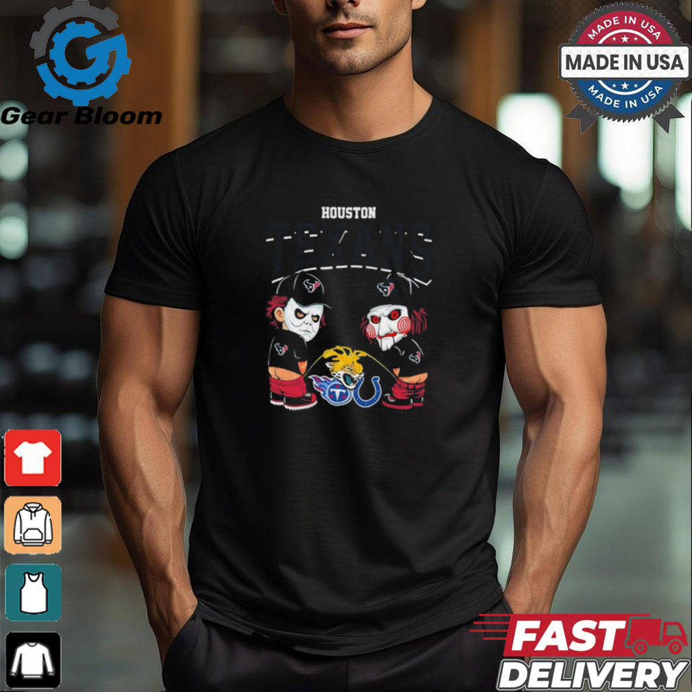 Michael Myers And Billy The Puppet X Houston Texans Pee On NFL Teams Halloween Shirt Michael Myers And Billy The Puppet X Houston Texans Pee On NFL Teams Halloween Shirt