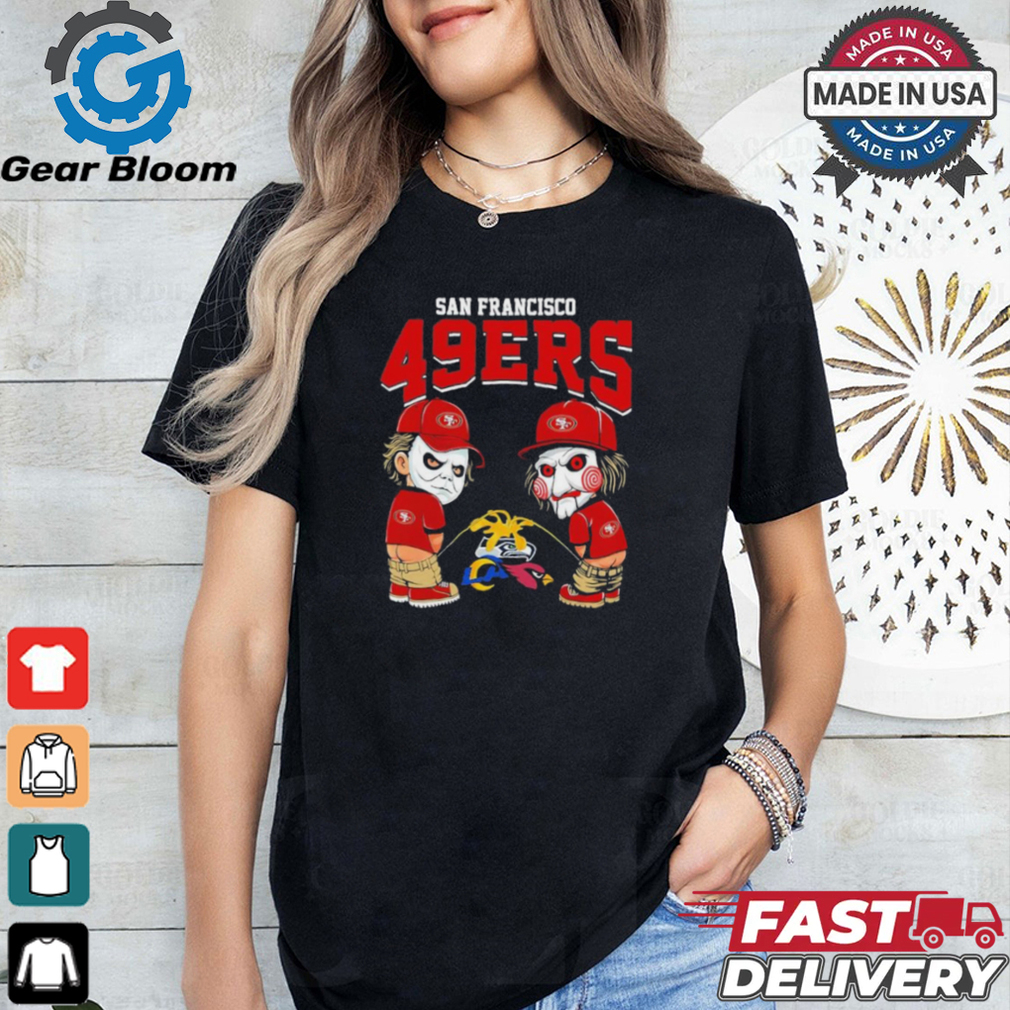 Michael Myers And Billy The Puppet X San Francisco 49ers Pee On NFL Teams Halloween Shirt Michael Myers And Billy The Puppet X San Francisco 49ers Pee On NFL Teams Halloween Shirt