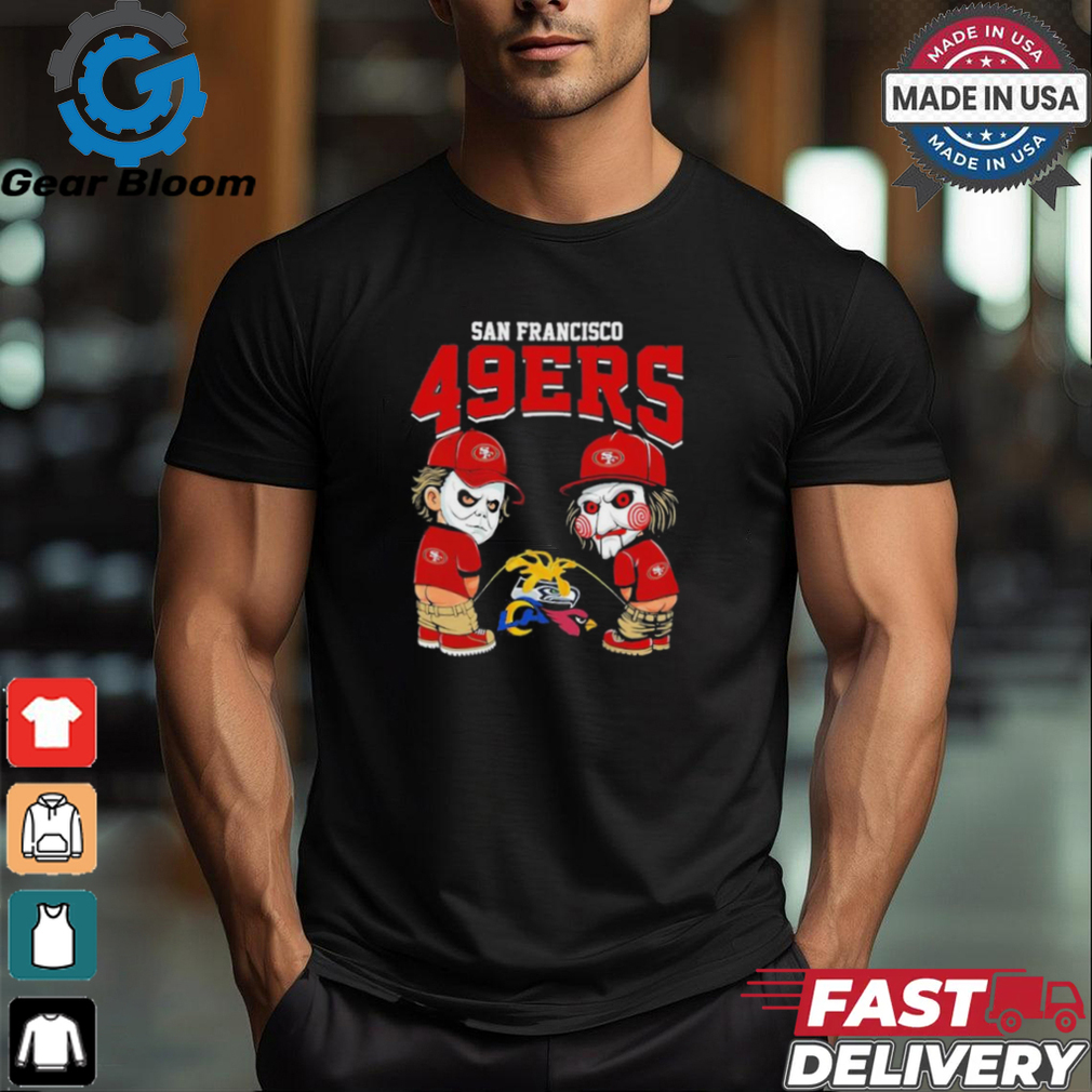 Michael Myers And Billy The Puppet X San Francisco 49ers Pee On NFL Teams Halloween Shirt Michael Myers And Billy The Puppet X San Francisco 49ers Pee On NFL Teams Halloween Shirt
