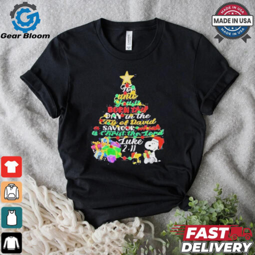 Snoopy for unto you is born this day in the city of david a saviour which is Christian Merry Christmas shirt