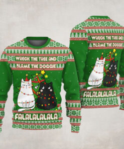 Cat Wreck The Tree And Blame The Doggie Falalalalala Ugly Christmas Sweater