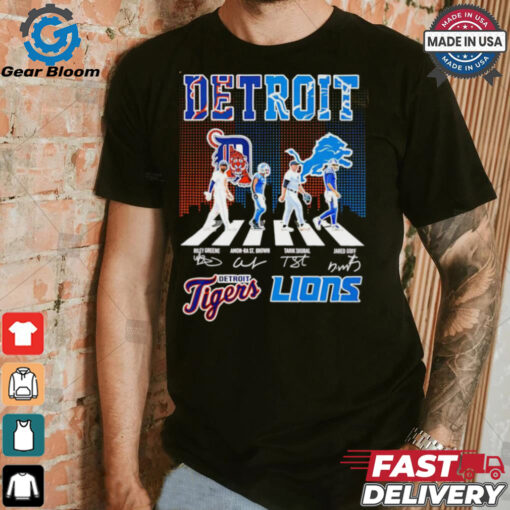 Detroit Tigers and Detroit Lions abbey road city skyline shirt