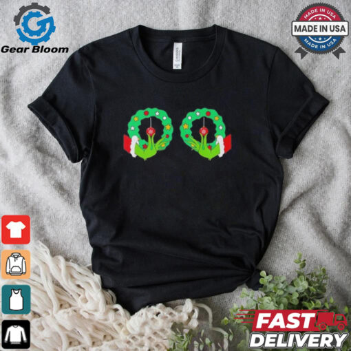 Grinch Hand Wreath Boobies Merry Christmas shirt