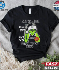 Grinch Santa hat middle finger they hate us because they ain’t us Brooklyn Nets shirt