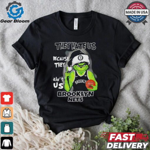 Grinch Santa hat middle finger they hate us because they ain’t us Brooklyn Nets shirt