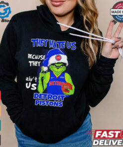 Grinch Santa hat middle finger they hate us because they ain’t us Detroit Pistons shirt