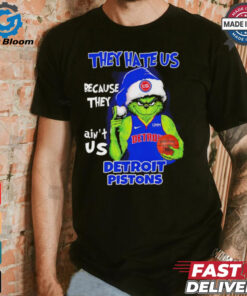 Grinch Santa hat middle finger they hate us because they ain’t us Detroit Pistons shirt