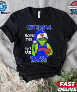 Grinch Santa hat middle finger they hate us because they ain’t us Detroit Pistons shirt