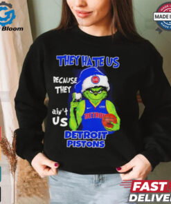 Grinch Santa hat middle finger they hate us because they ain’t us Detroit Pistons shirt