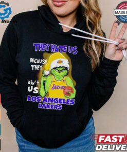 Grinch Santa hat middle finger they hate us because they ain’t us Los Angeles Lakers shirt