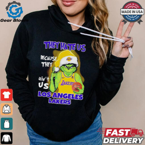 Grinch Santa hat middle finger they hate us because they ain’t us Los Angeles Lakers shirt