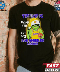 Grinch Santa hat middle finger they hate us because they ain’t us Los Angeles Lakers shirt