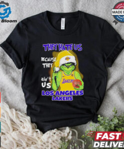 Grinch Santa hat middle finger they hate us because they ain’t us Los Angeles Lakers shirt