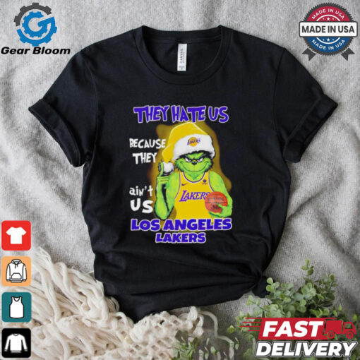 Grinch Santa hat middle finger they hate us because they ain’t us Los Angeles Lakers shirt