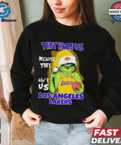 Grinch Santa hat middle finger they hate us because they ain’t us Los Angeles Lakers shirt