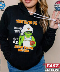 Grinch Santa hat middle finger they hate us because they ain’t us New York Knicks shirt