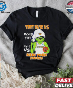 Grinch Santa hat middle finger they hate us because they ain’t us New York Knicks shirt