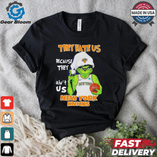 Grinch Santa hat middle finger they hate us because they ain’t us New York Knicks shirt