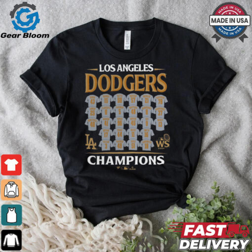 Los Angeles Dodgers Fanatics Black 2024 World Series Champions Roster T Shirt