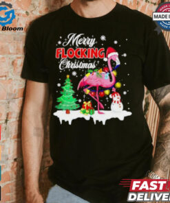 Merry Flocking Christmas Flamingo pink in Santa hat Xmas shirt