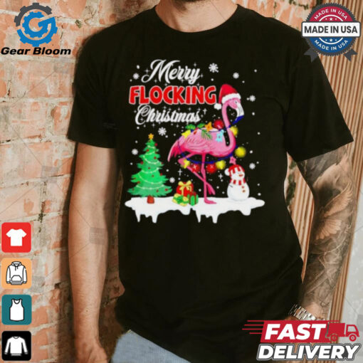 Merry Flocking Christmas Flamingo pink in Santa hat Xmas shirt