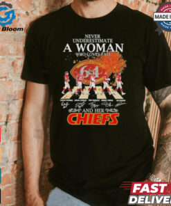 Never Underestimate A Woman Who Loves Fall And Her Kansas City Chiefs Abbey Road Signatures Shirt