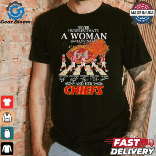 Never Underestimate A Woman Who Loves Fall And Her Kansas City Chiefs Abbey Road Signatures Shirt