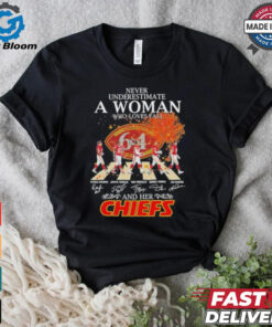 Never Underestimate A Woman Who Loves Fall And Her Kansas City Chiefs Abbey Road Signatures Shirt