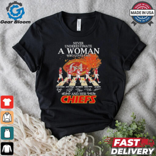 Never Underestimate A Woman Who Loves Fall And Her Kansas City Chiefs Abbey Road Signatures Shirt