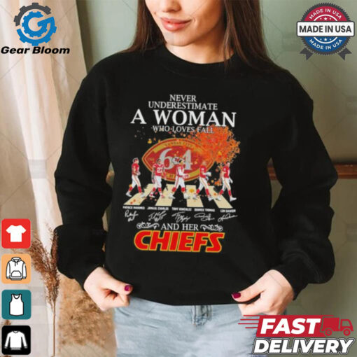 Never Underestimate A Woman Who Loves Fall And Her Kansas City Chiefs Abbey Road Signatures Shirt