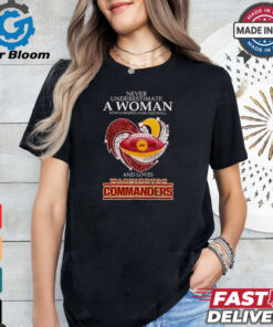 Never underestimate a woman and loves Washington Commanders shirt