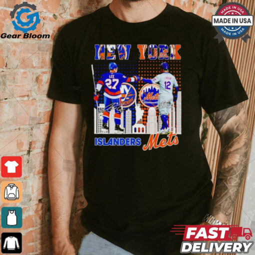 New York city skyline Islanders Lee and Mets Lindor signatures shirt