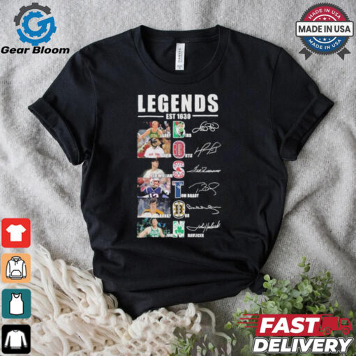 Official Boston Sports Teams Legends Est 1630 Larry Bird David Ortiz Ted Williams Tom Brady Bobby Orr and John Havlicek Signatures shirt