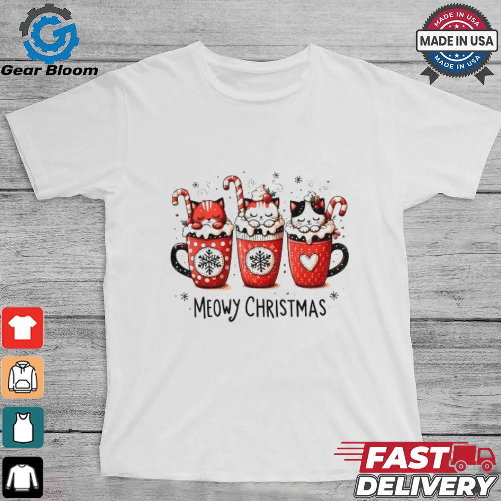 Official Meowy Christmas cute cats and coffee merry xmas 2024 T shirt Official Meowy Christmas cute cats and coffee merry xmas 2024 T shirt