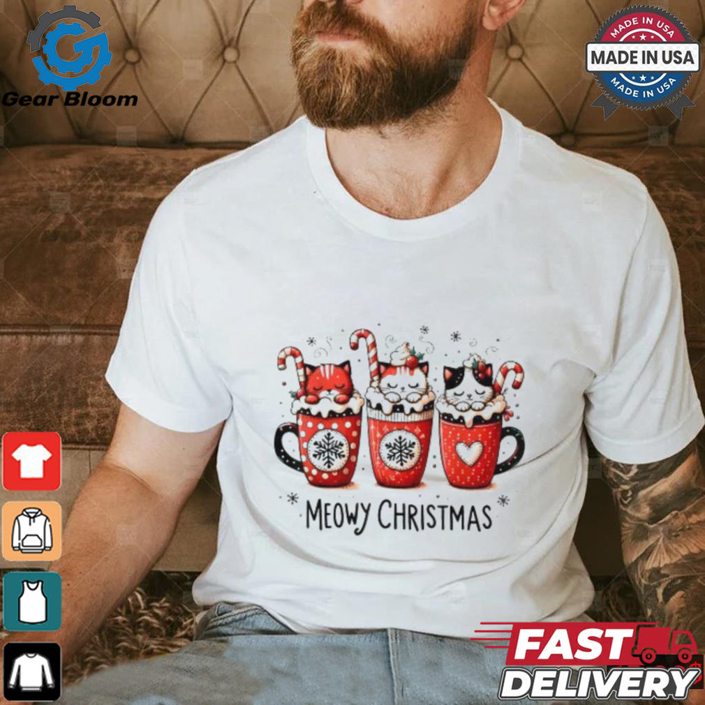 Official Meowy Christmas cute cats and coffee merry xmas 2024 T shirt Official Meowy Christmas cute cats and coffee merry xmas 2024 T shirt