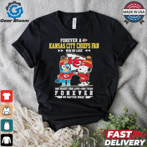 Official Snoopy And Bluey Forever A Kansas City Chiefs Fan Win Or Lose One Heart One Love One Team Shirt