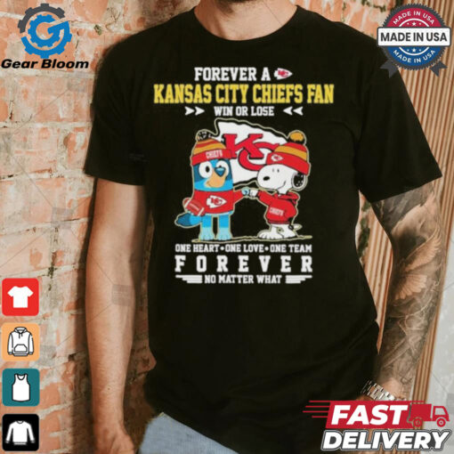 Official Snoopy And Bluey Forever A Kansas City Chiefs Fan Win Or Lose One Heart One Love One Team Shirt