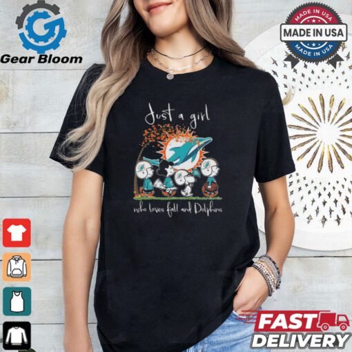 Peanuts Characters Just A Girl Who Loves Fall And Miami Dolphins 2024 Shirt