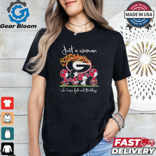 Peanuts Characters Just A Woman Who Loves Fall And Georgia Bulldogs Shirt