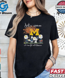 Peanuts Characters Just A Woman Who Loves Fall And Michigan Wolverines Shirt