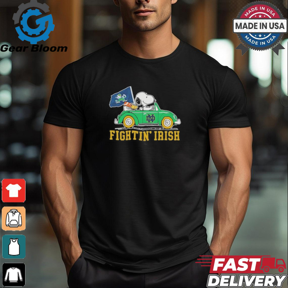 Peanuts Snoopy And Woodstock X Notre Dame Football Driving Car Shirt Peanuts Snoopy And Woodstock X Notre Dame Football Driving Car Shirt