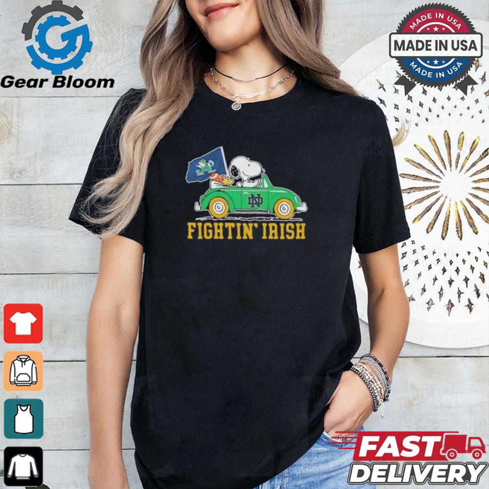 Peanuts Snoopy And Woodstock X Notre Dame Football Driving Car Shirt Peanuts Snoopy And Woodstock X Notre Dame Football Driving Car Shirt
